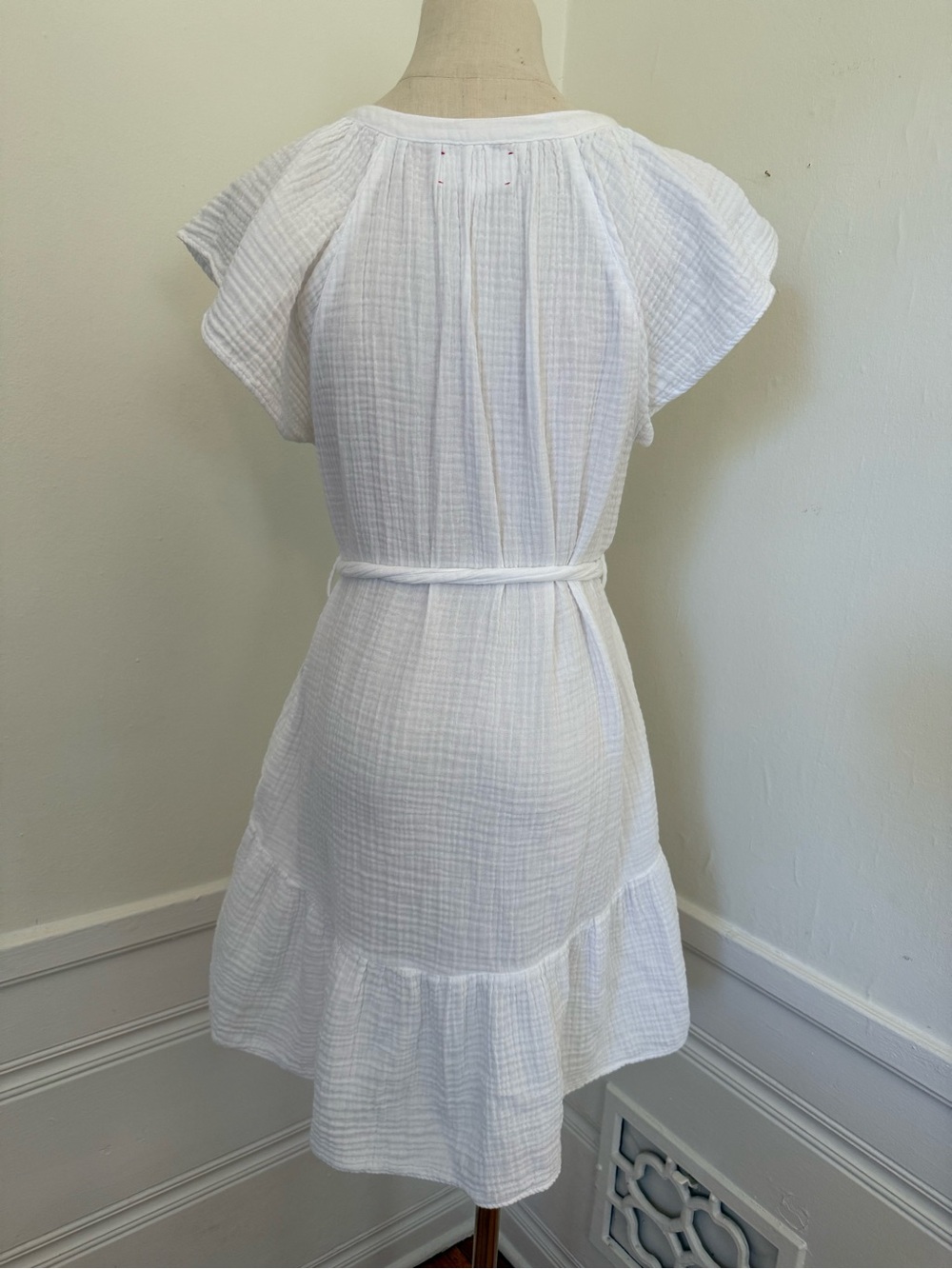 Xirena White Cotton Gauze Button Front Mini Dress XS Belted Made in USA - Picture 3 of 5